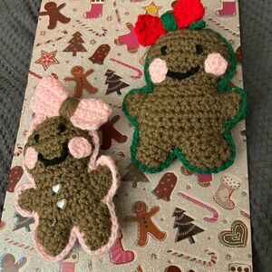 Handcrafted Gingerbread Crochet Ornaments - Brown and Pink